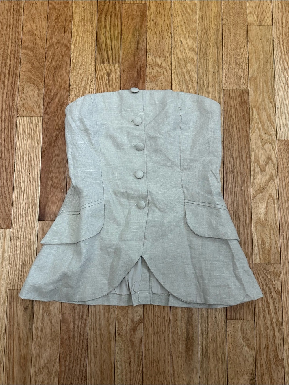 Olivaceous Strapless Button-Front Peplum Tank in Light Beige